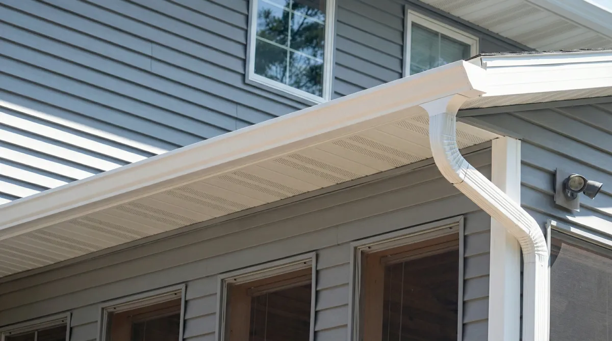Professional home remodeling project showing newly installed white seamless gutters and downspouts on a house with gray siding in Birmingham, AL
