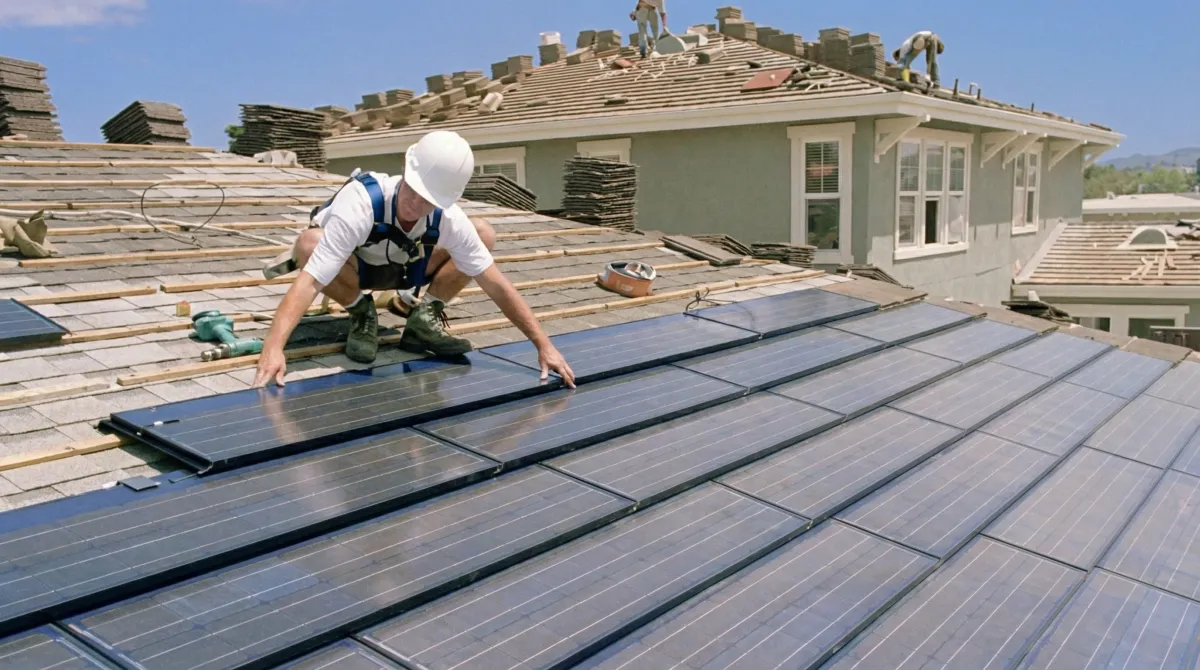 Roof replacement expert installing modern solar shingles on a residential home in Birmingham, AL