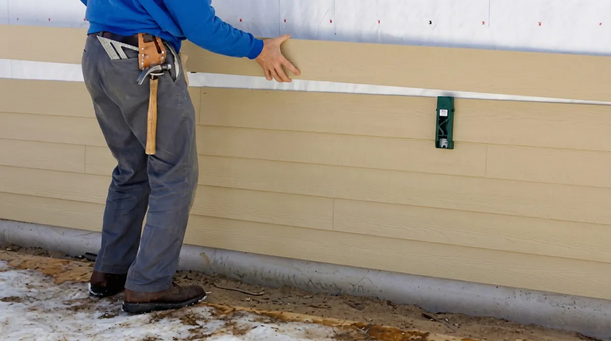 Siding replacement expert carefully aligning a new tan siding panel onto a residential exterior wall in Birmingham, AL