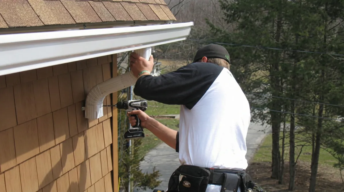 Professional contractor installing tan vinyl siding panels on a residential home exterior in Birmingham, AL