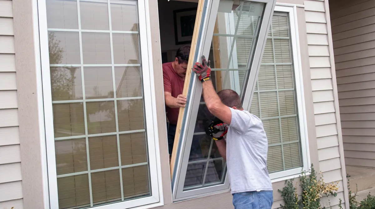Professional home remodeling team installing a large replacement window on a house with tan siding in Birmingham, AL