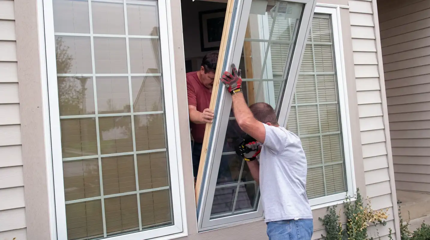 Professional home remodeling team installing a large replacement window on a house with tan siding in Birmingham, AL